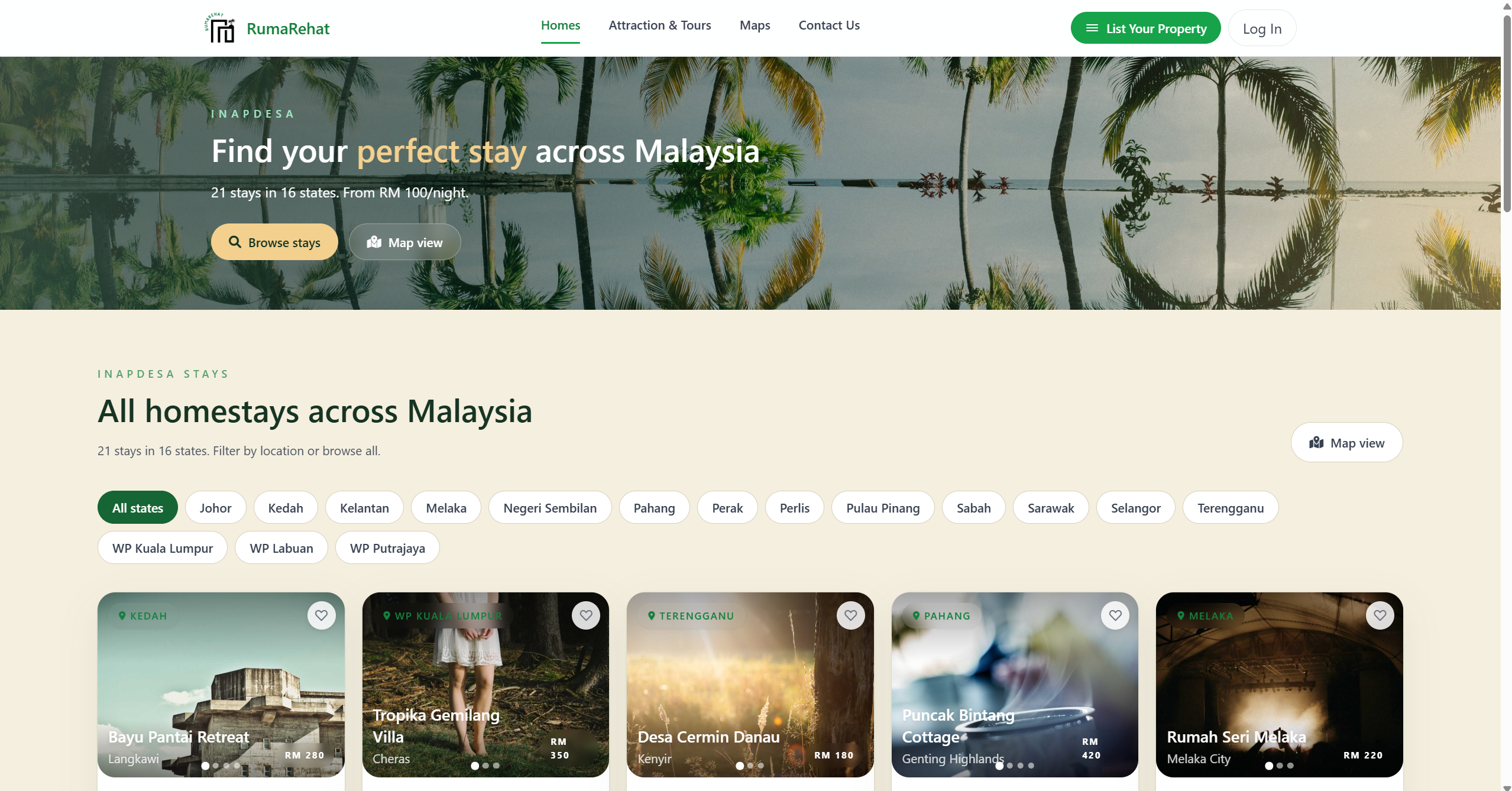 InapDesa homestay booking platform screenshots
